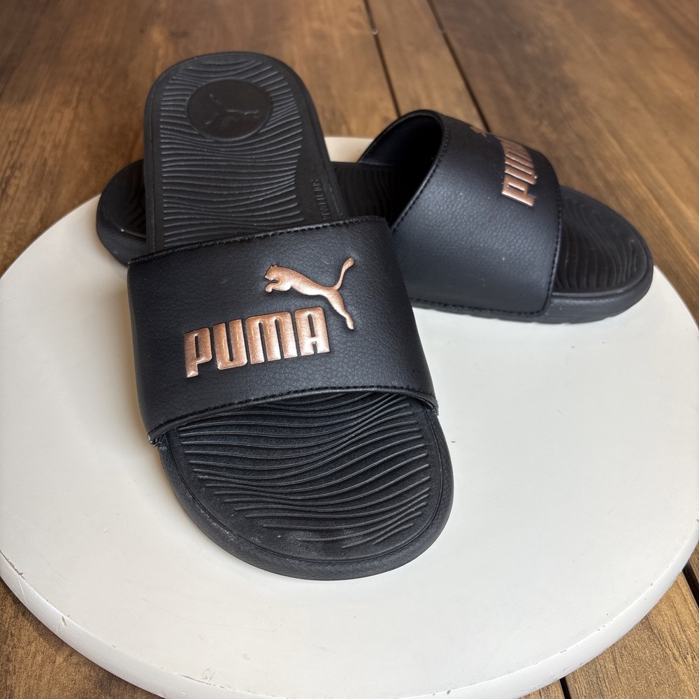 Puma Womens 10 Black Rose Gold Cool Cat Slide Sandals Athleisure Softfoam Logo